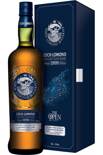 Loch Lomond Whiskyflasche und Verpackung mit The Open-Design