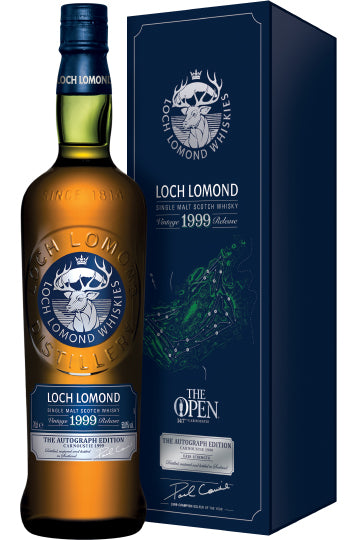 Loch Lomond Whiskyflasche und -verpackung "The Open Autograph Edition 1999".