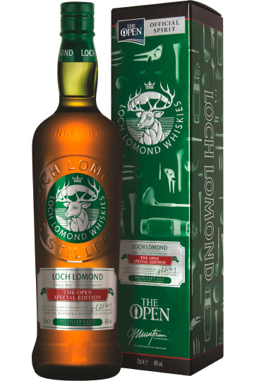 Loch Lomond Whiskyflasche und Schachtel mit "The Open" Golf-Special-Edition-Design.