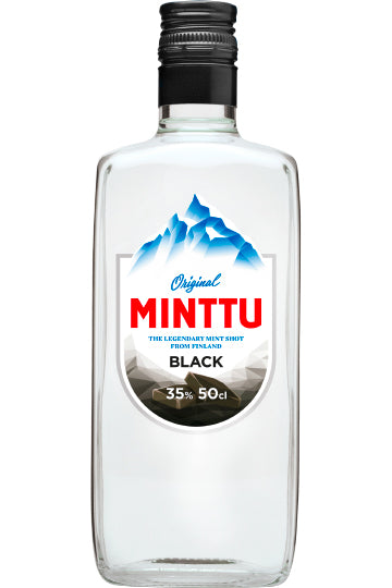 Flasche mit Minttu Black Pfefferminzlikör, Etikett zeigt Berge, 35% Alkohol, 50cl.
