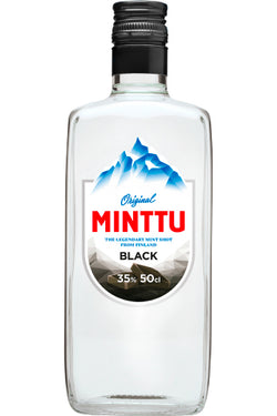 Flasche mit Minttu Black Pfefferminzlikör, Etikett zeigt Berge, 35% Alkohol, 50cl.