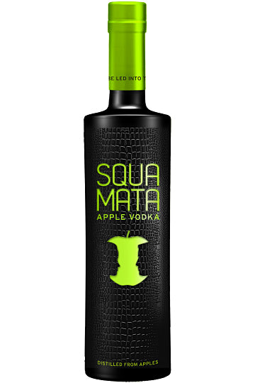 Schwarze Flasche mit grüner Beschriftung "Squamata Apple Vodka", applizierenes Apfelkerngehäuse und Krokodilmuster.
