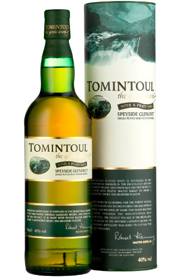 Flasche Tomintoul Single Malt Whisky mit passender Verpackung.